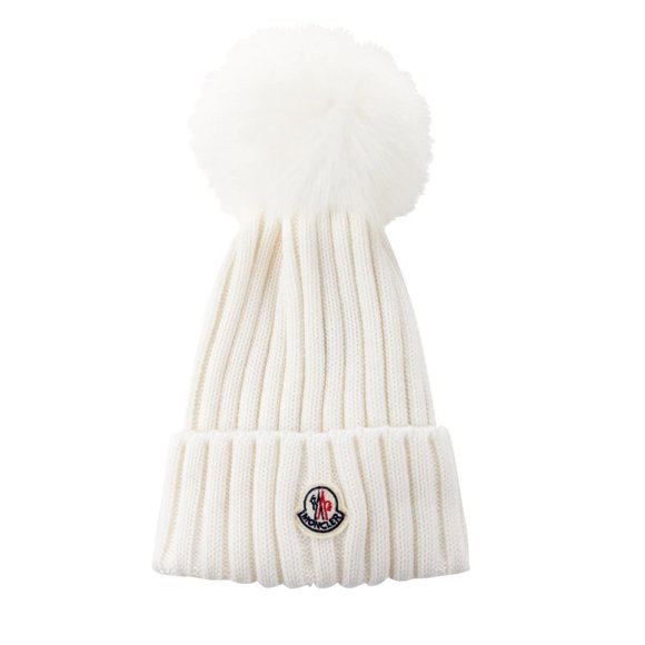 Moncler Accessories - Moncler White Knit Beanie Hat With Fur Pom Pom Warm Winter Cream Ivory